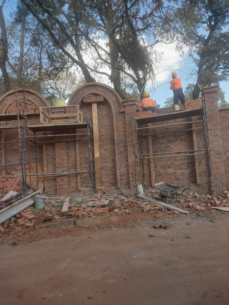 Decorative brick wall under construction